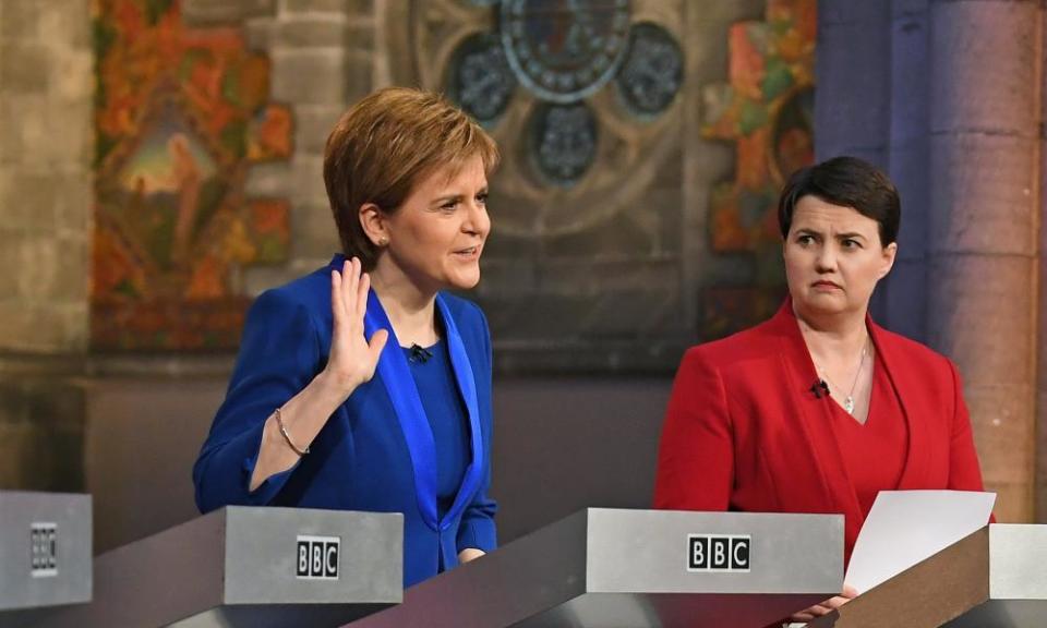 The BBC Host The First Scottish Leaders DebateEDINBURGH, SCOTLAND - MAY 21: Nicola Sturgeon, leader of the SNP, Scottish Conservative Party leader Ruth Davidson,during BBC Scotlands live election debate with the Scottish political party leaders at Mansfield Traquair Centre on May 21, 2017 in Edinburgh, Scotland. Britain goes to the polls on June 8 to elect a new parliament in a general election. (Photo by Jeff J Mitchell/Getty Images)