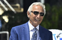 Hall of Famer Sandy Koufax smiles as the Los Angeles Dodgers unveil a Sandy Koufax statue in the Centerfield Plaza to honor the Hall of Famer and three-time Cy Young Award winner prior to a baseball game between the Cleveland Guardians and the Dodgers at Dodger Stadium in Los Angeles, Saturday, June 18, 2022. (Keith Birmingham/The Orange County Register via AP)