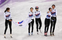 <p>MInjeong Choi celebrates as the Korea team win the gold medal following the Ladies Short Track Speed Skating 3000m Relay Final A on day eleven of the PyeongChang 2018 Winter Olympic Games at Gangneung Ice Arena on February 20, 2018 in Gangneung, South Korea. (Photo by Ian MacNicol/Getty Images) </p>