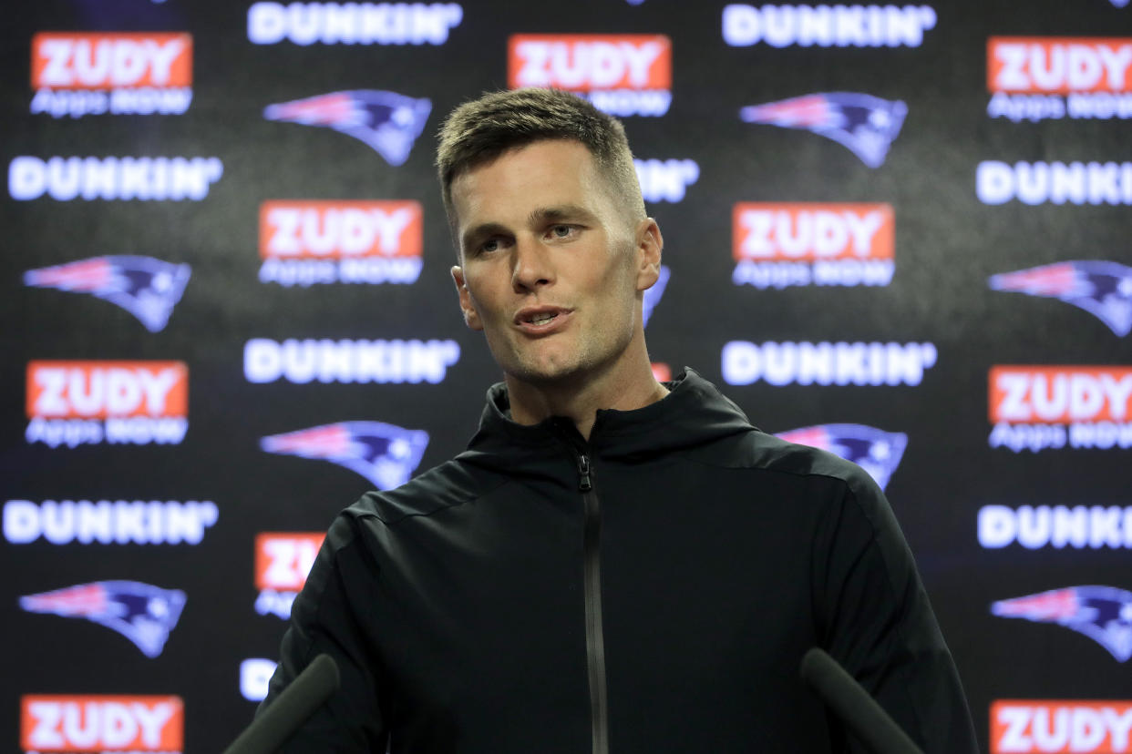 New England Patriots quarterback Tom Brady takes questions from reporters following NFL football practice, Wednesday, Sept. 11, 2019, in Foxborough, Mass. (AP Photo/Steven Senne)