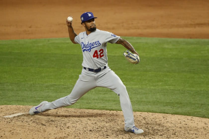 Los Angeles Dodgers relief pitcher Dennis Santana throws during the eighth inning of a baseball game.