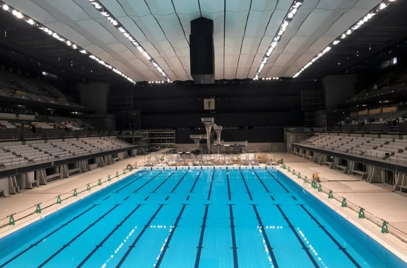 An interior view of Tokyo Aquatics Centre, the venue for Tokyo 2020 Olympic and Paralympic Games swimming and diving events, in Tokyo