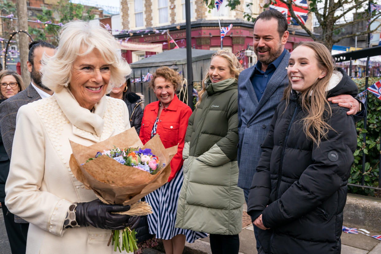 The Duchess of Cornwall meets Maddy Hill, Danny Dyer and Rose Ayling-Ellis during a visit to the set of EastEnders at the BBC studios in Elstree, Hertfordshire. Picture date: Thursday March 31, 2022.