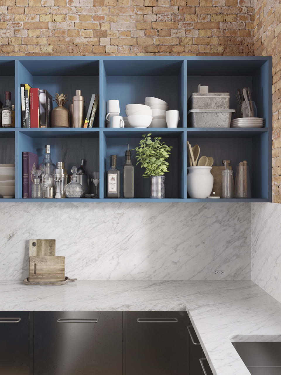 blue open shelves