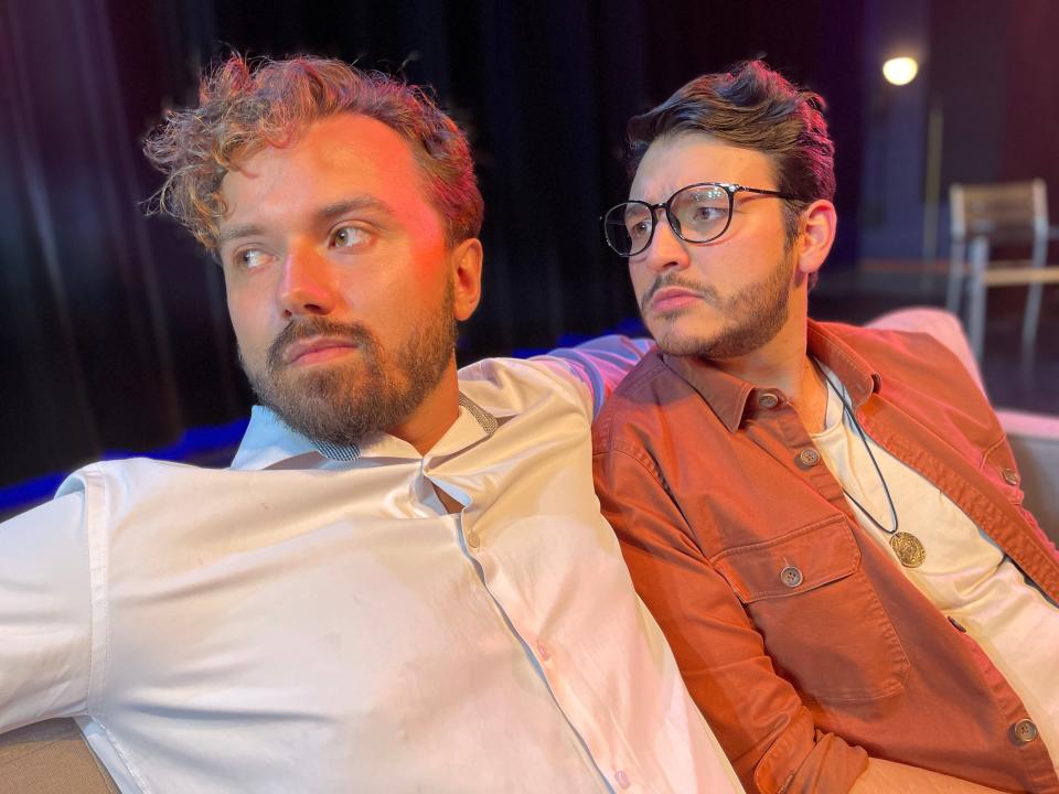 Left to right: Anthony Baldasare (as writer Toby Darling) and Niko Carter (as young gay activist Eric Glass, Toby’s boyfriend) in Evolution Theatre Company’s Ohio premiere of “The Inheritance” at the Abbey Theater.