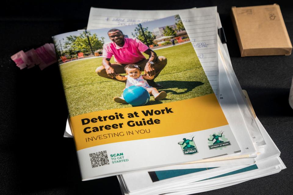 A Detroit at Work Career Guide sits on a table during a press conference about the city's JumpStart program, which is supposed to help longtime unemployed Detroiters reenter the workforce inside the Durfee Innovation Society building in Detroit on Friday, Jan. 27, 2023. 