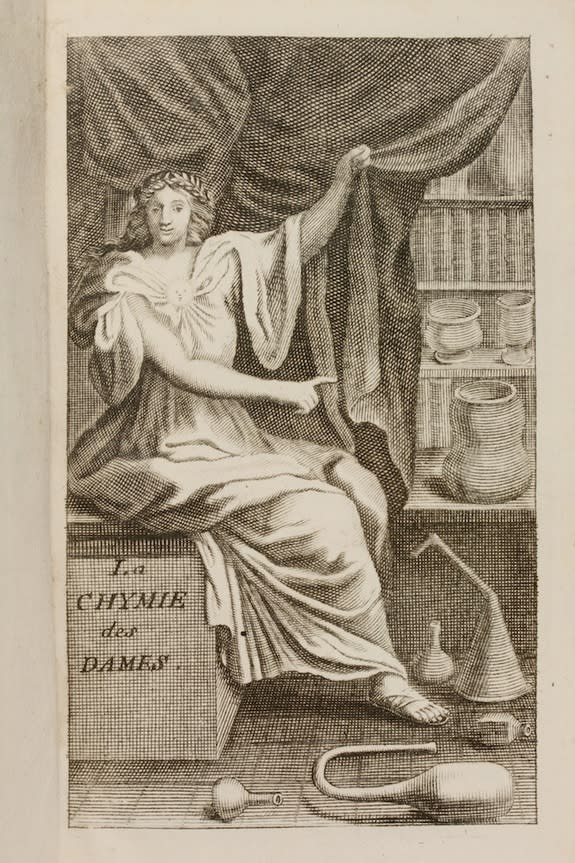 This engraved frontispiece was published in the third edition of Marie Meurdrac’s 17th century book of practical chemistry, "La Chymie Charitable et Facile, en Faveur des Dames." Though hesitant to publish at first, largely because of her gende