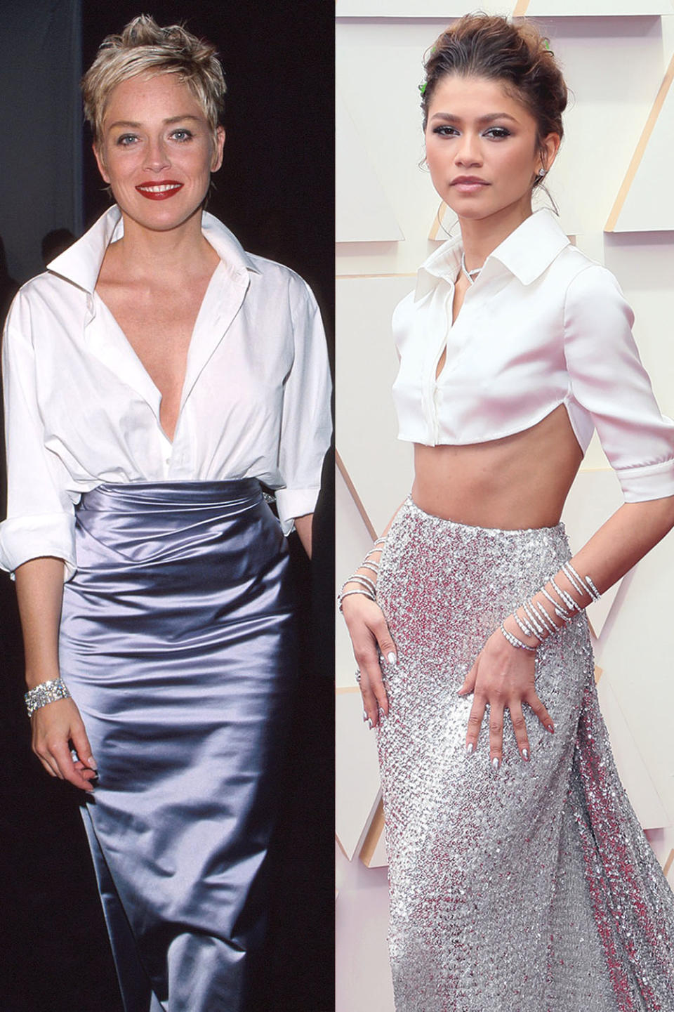 Sharon Stone at the Oscars in Gap and Vera Wang. Right: Zendaya at last year’s Academy Awards.