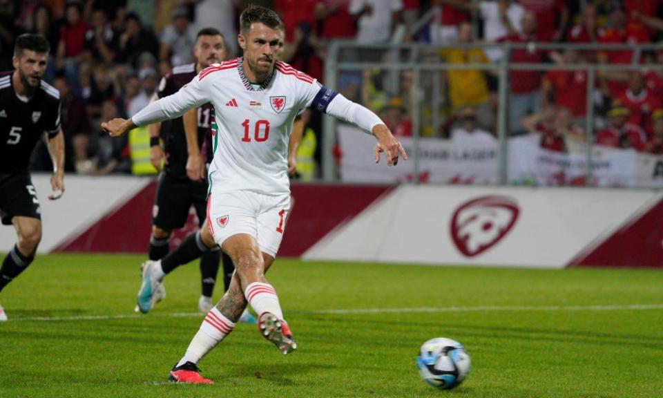 Aaron Ramsey fires home from the penalty spot against Latvia