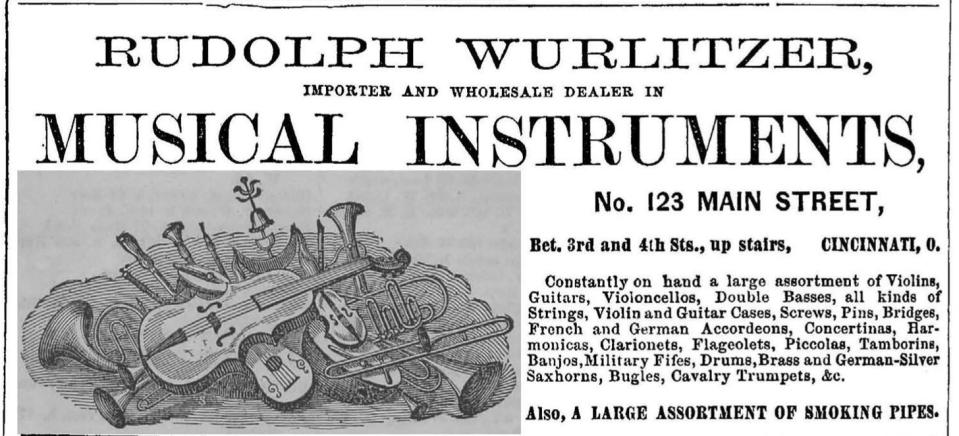 An ad for Rudolph Wurlitzer, importer and wholesale dealer in musical instruments, from the 1863 Cincinnati city directory.