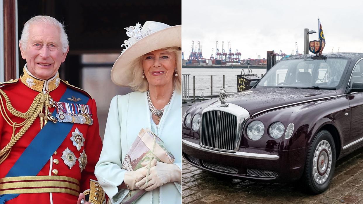 King and Queen at Buckingham Palace and state bentleys