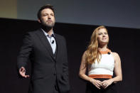 <p><i>Batman v Superman</i> stars Ben Affleck and Amy Adams onstage during CinemaCon 2016 Warner Bros. Pictures’ presentation on April 12.<i> (Photo: Todd Williamson/Getty Images)</i></p>