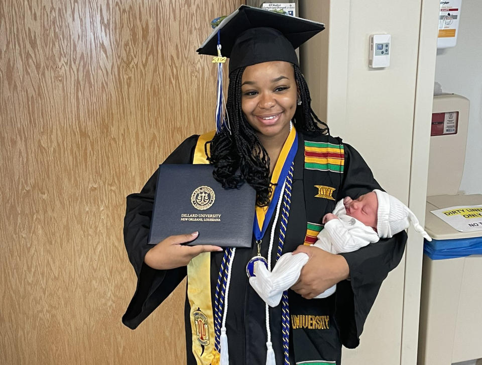 Dillard University graduate Jada Sayles was awarded her degree in the hospital after giving birth to her son Easton. (HipHopPrez / Twitter)