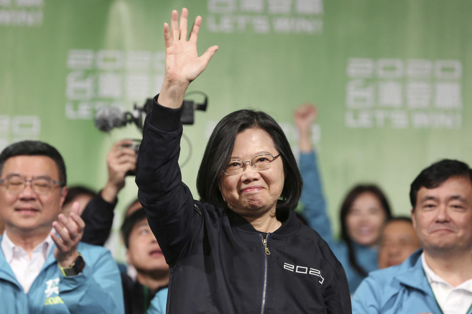 FILE - In this Jan. 11, 2020, file photo, Taiwanese President Tsai Ing-wen celebrates her victory with supporters in Taipei, Taiwan. Tsai was inaugurated for a second term on Wednesday, Nay 20, 2020, amid increasing pressure from China on the self-governing island democracy it claims as its own territory. (AP Photo/Chiang Ying-ying, File)