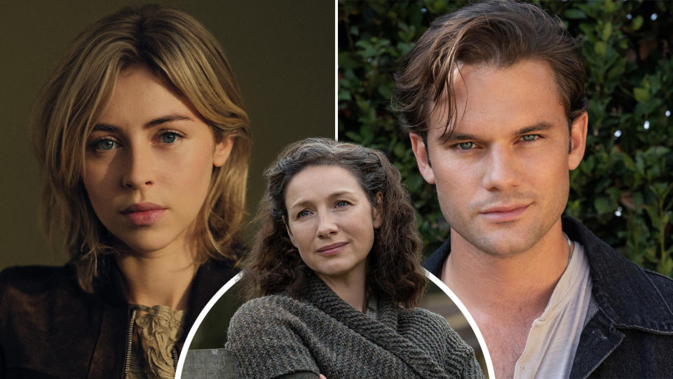 Hermione Corfield, Jeremy Irvine & Caitríona Balfe in “Outlander”