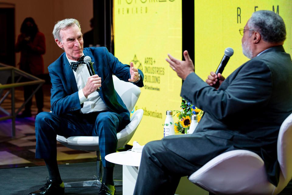 <p>Bill Nye speaks with Smithsonian Secretary Lonnie Bunch at the opening celebration of the museum's FUTURES exhibition in Washington, D.C. on Nov. 20. </p>