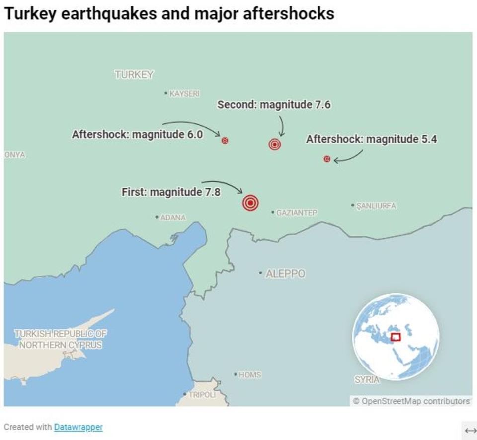 This map shows the approximate epicentres of the first two earthquakes and two of the major aftershocks (Independent)
