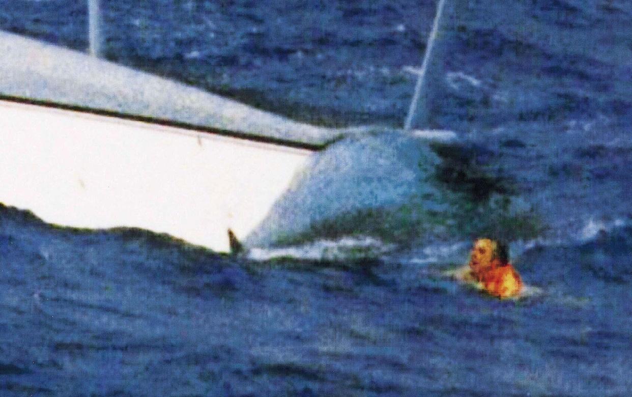 Tony Bullimore was rescued by crew from an Australian frigate after he heard tapping on the hull of his capsized yacht and swam to safety from the air bubble in which he had survived