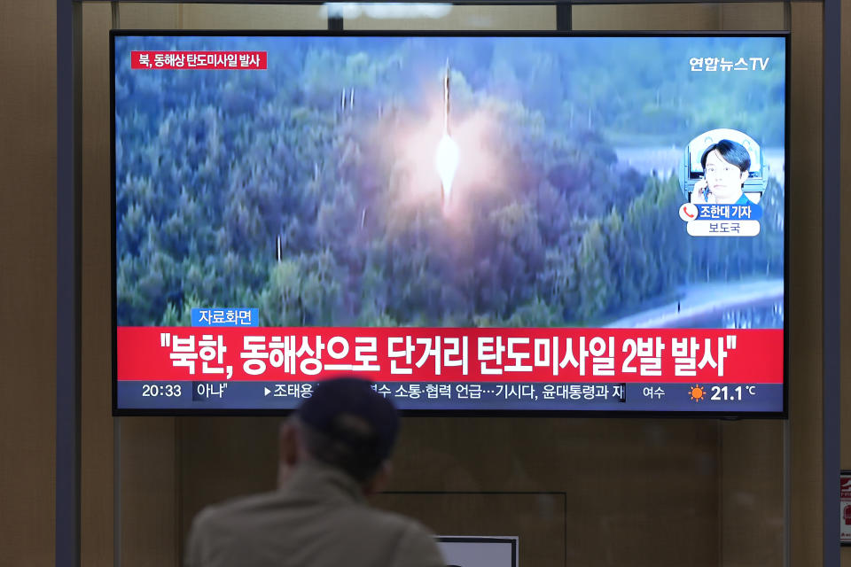 A TV screen shows a report of North Korea's missile launch with file footage during a news program at the Seoul Railway Station in Seoul, South Korea, Thursday, June 15, 2023. North Korea test-fired a ballistic missile off its east coast on Thursday, hours after South Korean and U.S. troops ended a fifth round of large-scale live-fire drills near the Koreas' heavily fortified border. The letters read " North Korea, launched two ballistic missiles to east coast." (AP Photo/Lee Jin-man)