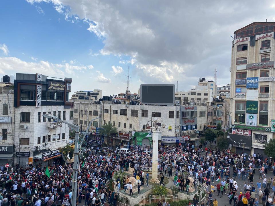 Hundreds protest against Israel's airstrikes in solidarity with Palestinians in the Gaza Strip, in Ramallah, West Bank, Oct. 20, 2023. / Credit: CBS News/Haley Ott