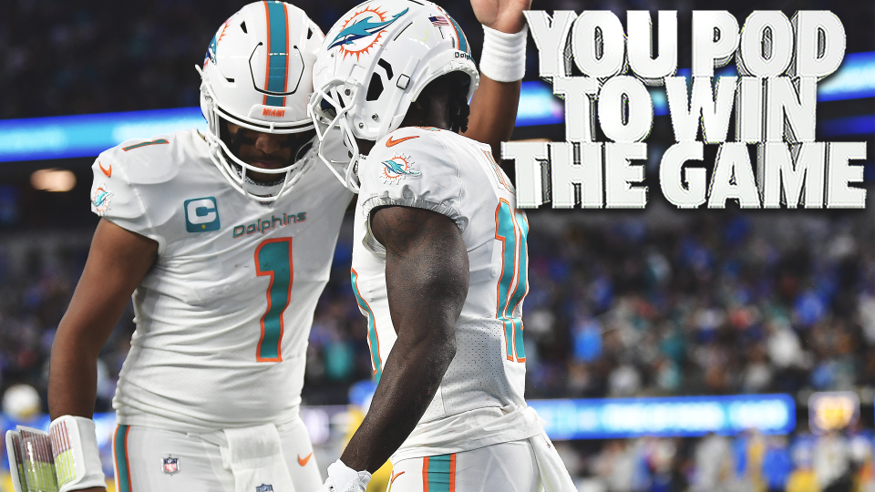 Dec 11, 2022; Inglewood, California, USA; Miami Dolphins wide receiver Tyreek Hill (10) celebrates his touchdown scored against the Los Angeles Chargers with quarterback Tua Tagovailoa (1) during the first half at SoFi Stadium. Mandatory Credit: Gary A. Vasquez-USA TODAY Sports