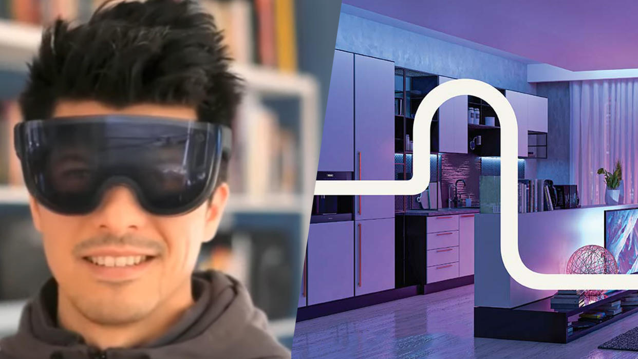  A man wearing a Mirror Lake headset and a Matter smart home with a bolt of light running through it. 