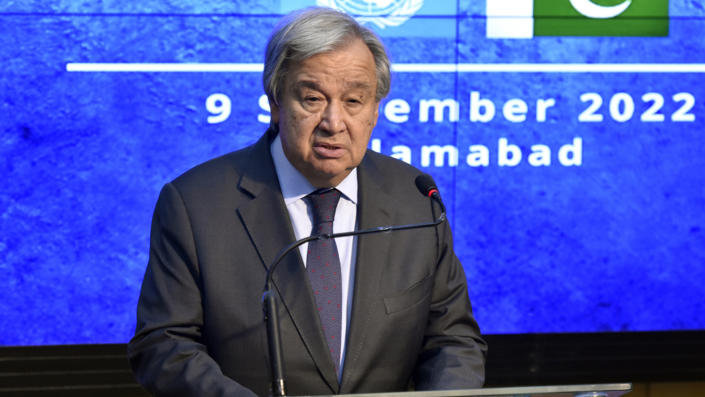 United Nations Secretary-General António Guterres stands at a podium.