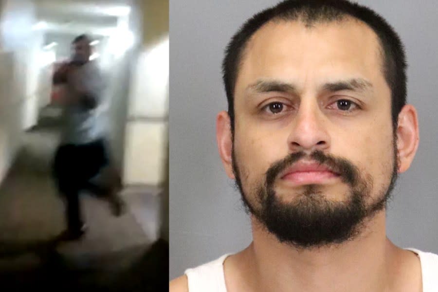 Kevin Angelo Briones is seen inside the hotel, left, and in a police mugshot, right. (SJPD images)