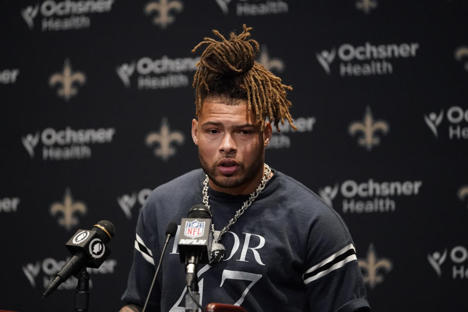 New Orleans Saints safety Tyrann Mathieu speaks during a news conference following an NFL football game against the New York Giants Sunday, Dec. 17, 2023, in New Orleans. The Saints won 24-6. (AP Photo/Gerald Herbert)