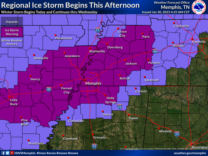 A winter storms warning takes effect tonight through Wednesday across Memphis and other parts of the South, the National Weather Service said.