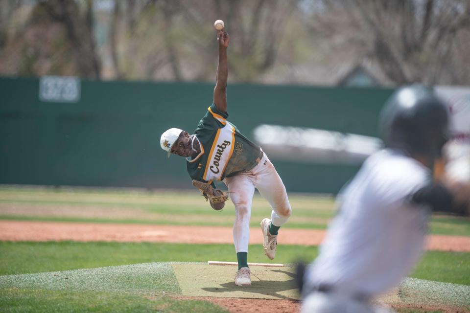 Pueblo County senior Braxton Vail fires off a pitch during a game against Pueblo South at the Runyon Sports Complex on April 15.