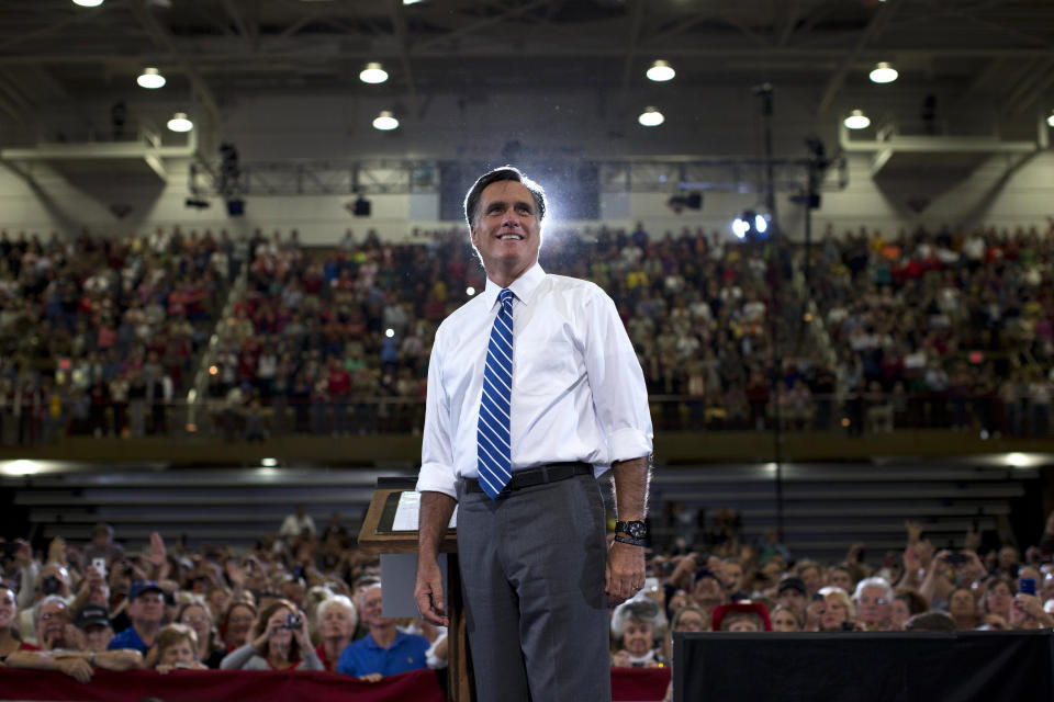 Republican presidential candidate, former Massachusetts Gov. Mitt Romney looks at the crowd after arriving to a campaign rally at the U.S. Cellular Center on Thursday, Oct. 11, 2012 in Asheville, N.C. (AP Photo/ Evan Vucci)