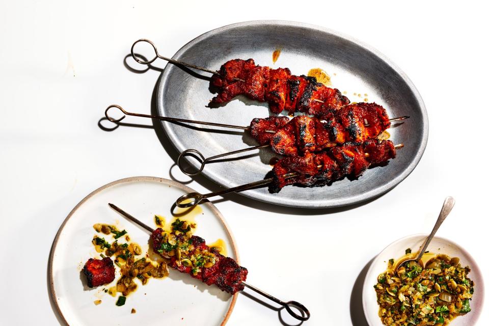 Barbecue Pork Kebabs With 
Blistered-Chile–Pumpkin Seed Salsa