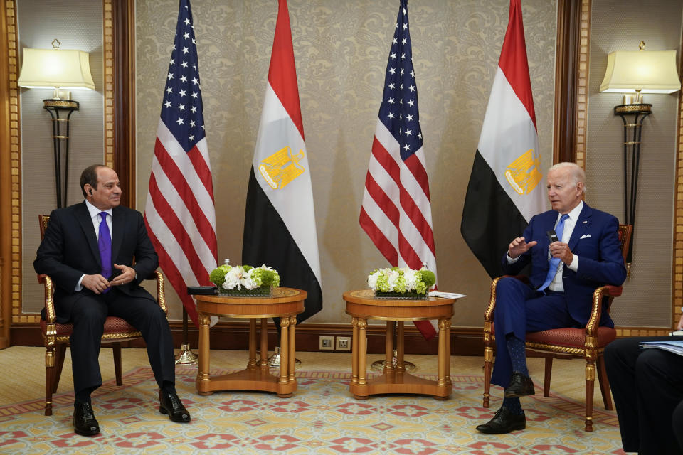 President Joe Biden meets with Egyptian President Abdel Fattah el-Sissi, Saturday, July 16, 2022, in Jeddah, Saudi Arabia. (AP Photo/Evan Vucci)