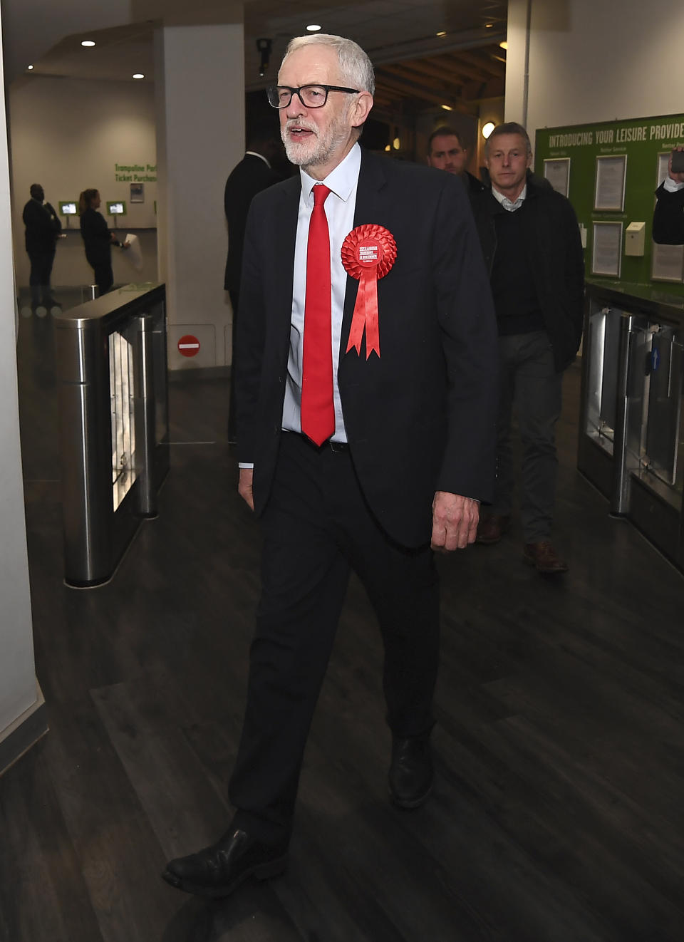 British opposition Labour Party leader Jeremy Corbyn arrives for the declaration of his seat in the 2019 general election in Islington, London, Friday, Dec. 13, 2019. The first handful of results to be declared in Britain's election are showing a surge in support for to the Conservatives in northern England seats where Labour has long been dominant. (AP Photo/Alberto Pezzali)