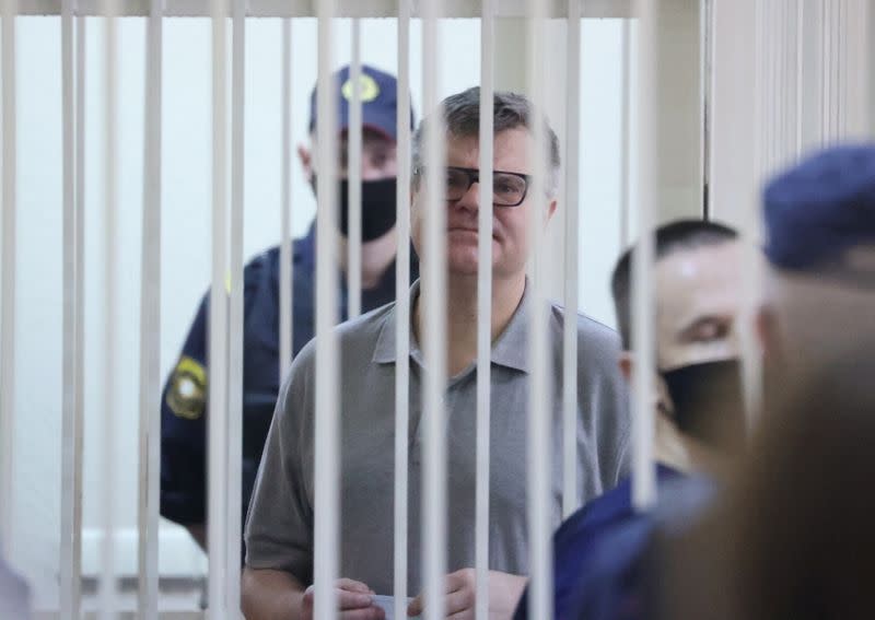 Former Belarusian presidential contender Viktor Babariko attends a court hearing in Minsk