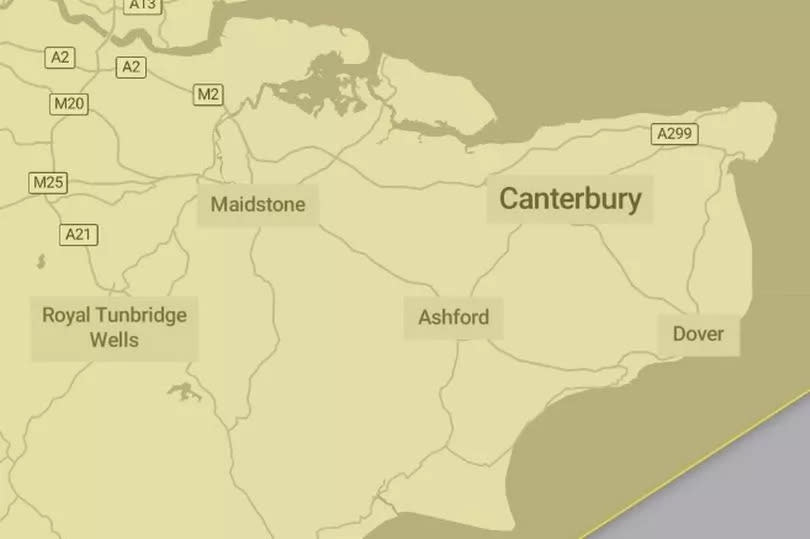 A map showing a yellow wind weather alert covering the entirety of Kent on Monday, April 15 2024