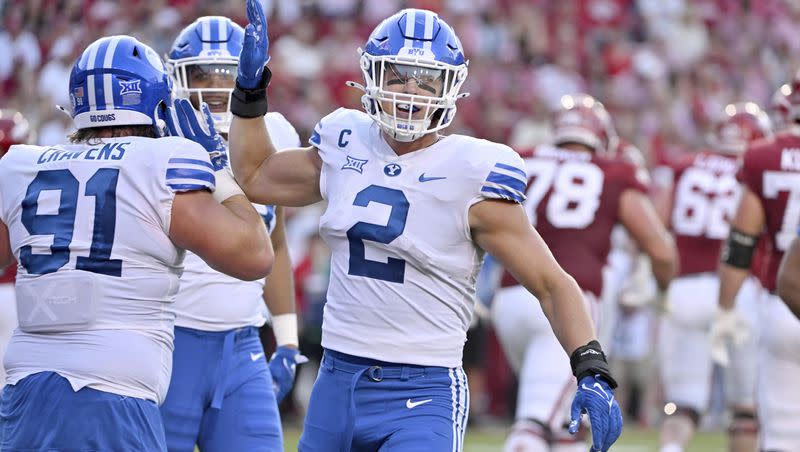 BYU linebacker Ben Bywater (2) gets ready for a play against Arkansas during game Saturday, Sept. 16, 2023, in Fayetteville, Ark. Bywater announced Monday that he is having season-ending shoulder surgery.