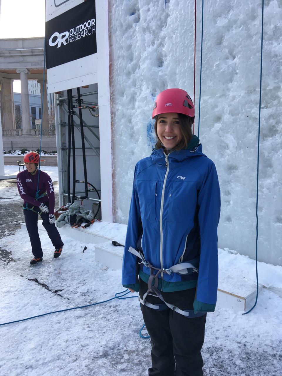 All suited up and smiling through the nerves before my own ice climbing attempt.