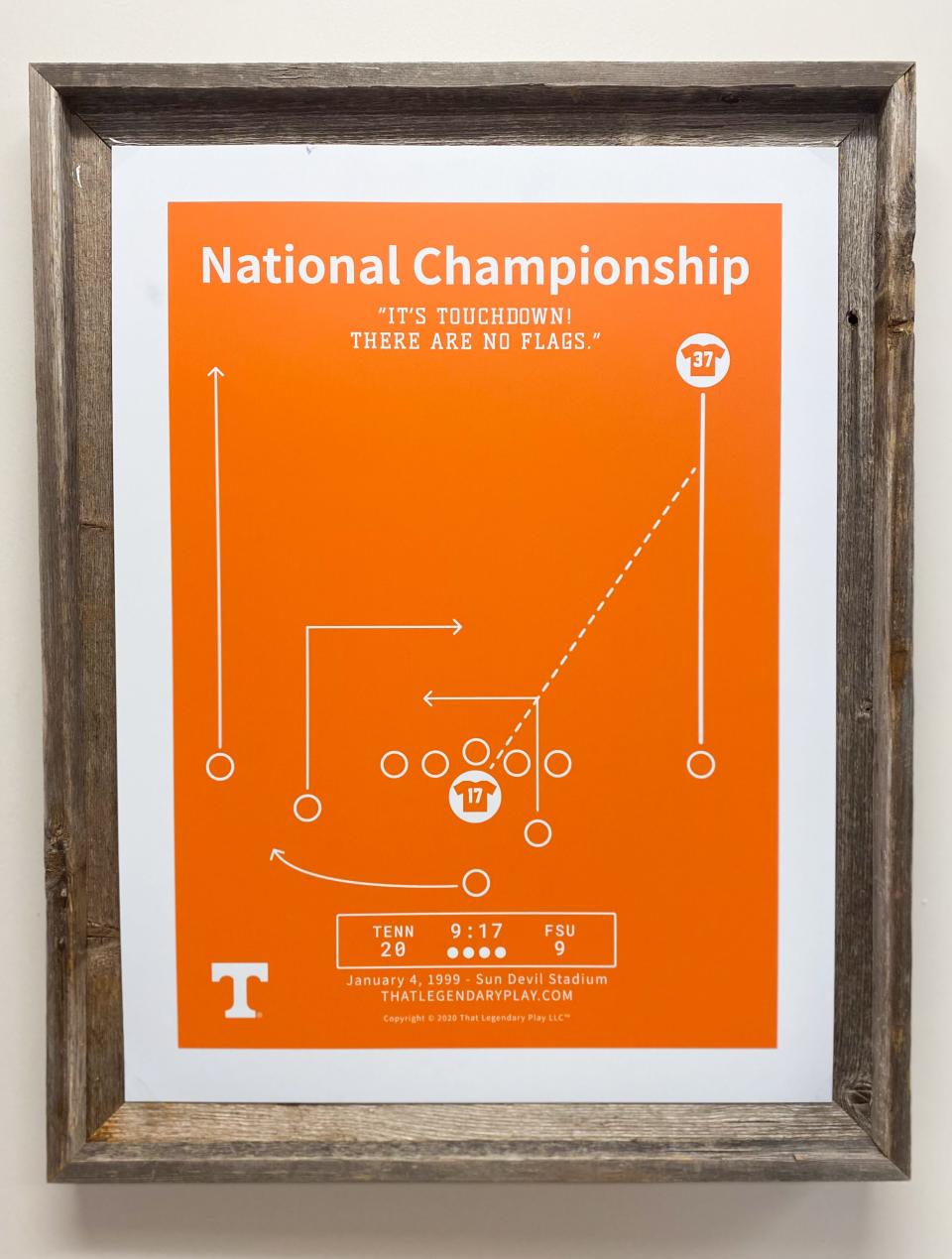 A print of a play from the 1998 National Championship game the Tennessee Volunteers won. It's sold without a frame at the Vol Shop.