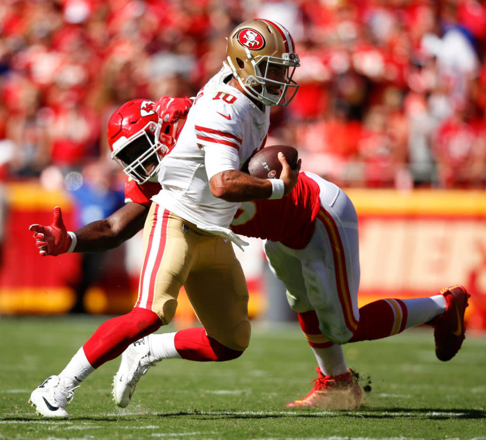 Was Justin Houston’s blunt take on Jimmy Garoppolo’s injury a product of player animus against the coddling of NFL quarterbacks? (Getty)