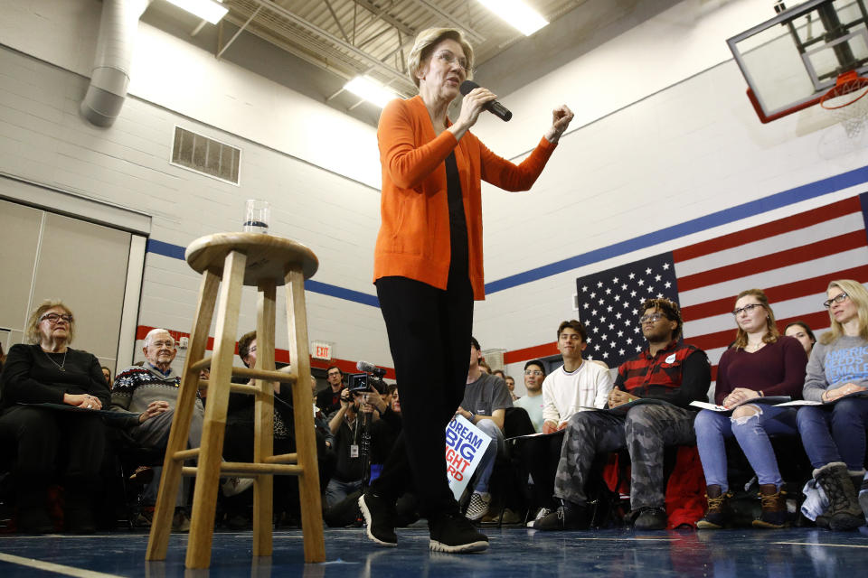 Democratic presidential candidate Sen. Elizabeth Warren, D-Mass., speaks during a campaign event, Sunday, Jan. 12, 2020, in Marshalltown, Iowa. (AP Photo/Patrick Semansky)