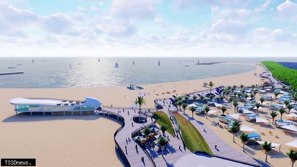 漁光島沙灘未來規劃示意圖（旅客服務中心、特色體驗基地及觀夕漁光平台）。（圖：高雄港務分公司提供）