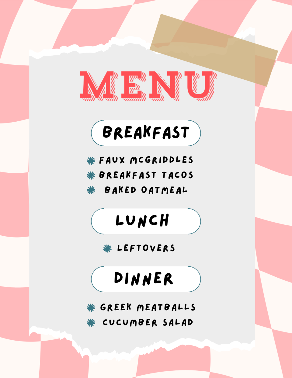 Menu listing breakfast, lunch, and dinner options. Breakfast includes Faux McGriddles, breakfast tacos, and baked oatmeal. Lunch is leftovers. Dinner features Greek meatballs and cucumber salad