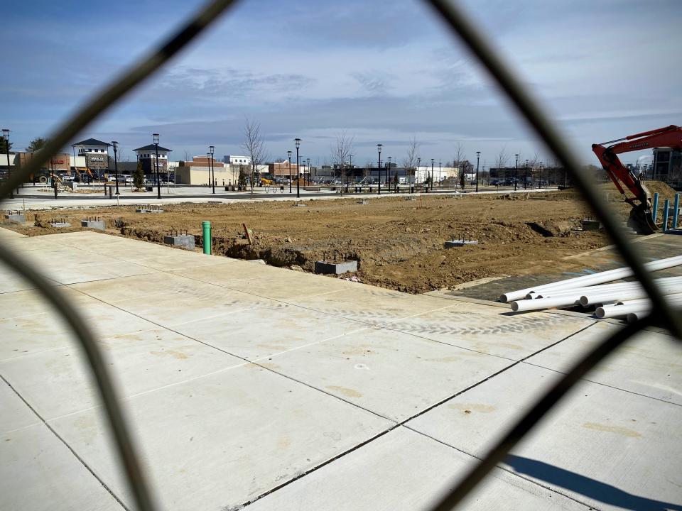 Construction in the center of The Grove at Newark on Thursday, March 16, 2023. The center plaza will have the restaurant Del Pez, a Middle Eastern fast casual restaurant and a Mexican fast casual restaurant, according to the project's developers.