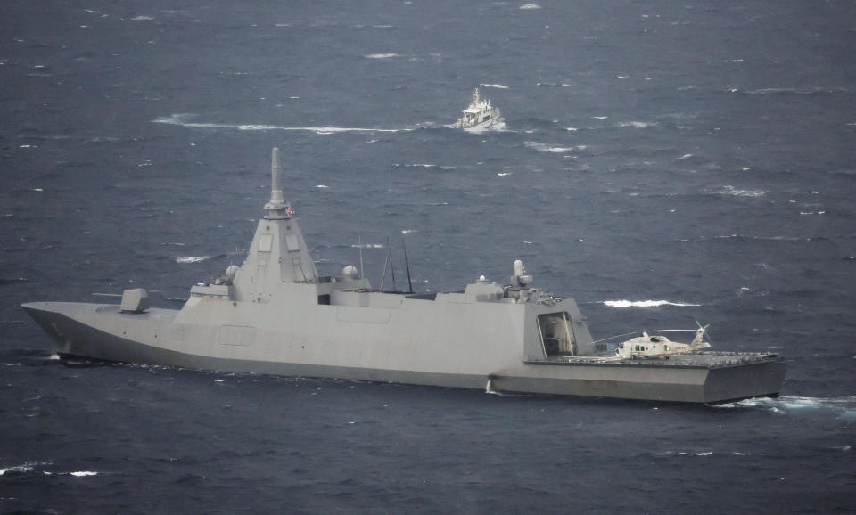 The Japan Maritime Self-Defense Force's frigate JS Noshiro (FFM-3) conducts a search and rescue operation at the site where a U.S. military V-22 Osprey aircraft crashed into the sea off Yakushima Island, Kagoshima prefecture, Japan, Nov. 30, 2023. / Credit: Kyodo via REUTERS