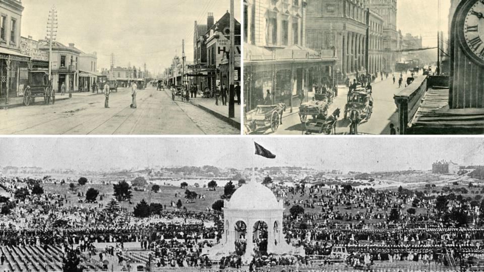 Chapel Street in Melbourne in top left, George Street in Sydney in top right and Centennial Park at bottom in 1901.