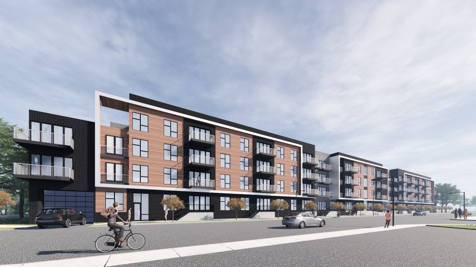 This 2021 rendering showed the look of the front facade of BridgeWalk Apartments' along St. Paul Avenue just west of Madison Street. The complex broke ground in January 2022 and was completed in 2023.