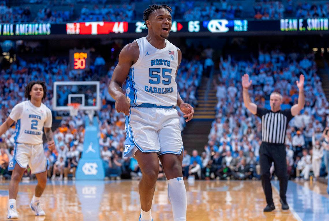 North Carolina’s Harrison Ingram (55) reacts after sinking a three-point basket to give the Tar Heels’ a 68-44 lead in the second half against Tennessee on Wednesday, November 29, 2023 at the Smith Center in. Chapel Hill, N.C. Robert Willett/rwillett@newsobserver.com