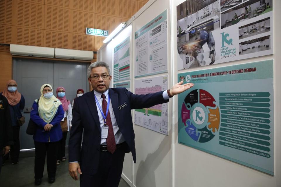 Health Minister Datuk Seri Dr Adham Baba speaks to reporters at the low-risk Covid-19 quarantine and treatment centre at the Malaysia Agro Exposition Park Serdang April 3, 2020.  — Picture by Yusof Mat Isa